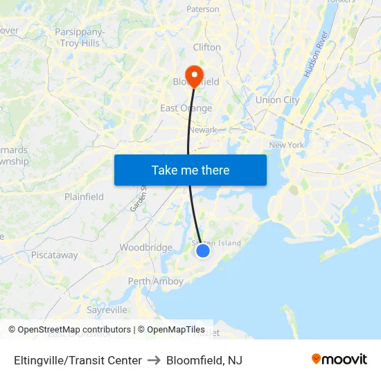 Eltingville/Transit Center to Bloomfield, NJ map
