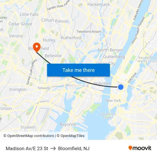 Madison Av/E 23 St to Bloomfield, NJ map