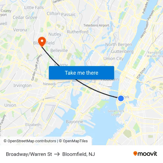 Broadway/Warren St to Bloomfield, NJ map