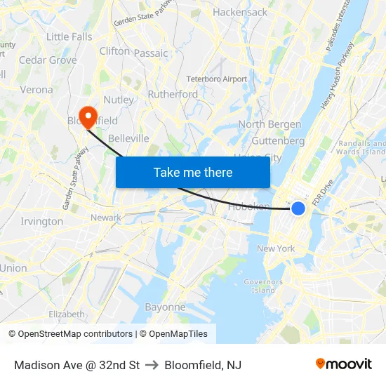 Madison Ave @ 32nd St to Bloomfield, NJ map
