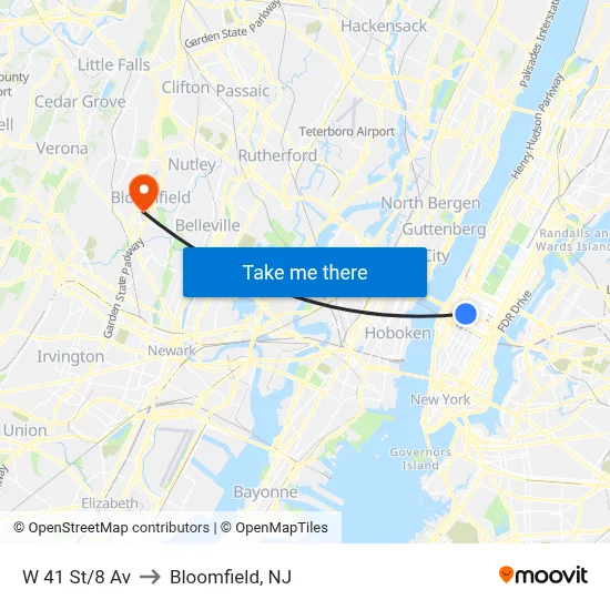 W 41 St/8 Av to Bloomfield, NJ map