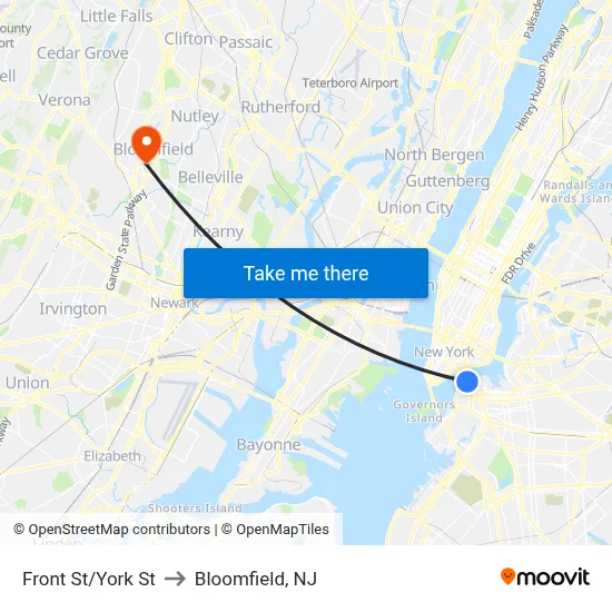 Front St/York St to Bloomfield, NJ map
