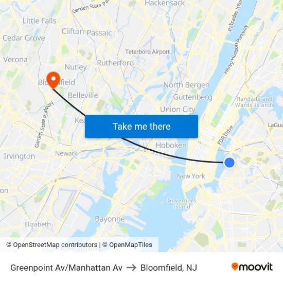 Greenpoint Av/Manhattan Av to Bloomfield, NJ map