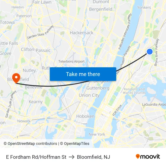 E Fordham Rd/Hoffman St to Bloomfield, NJ map