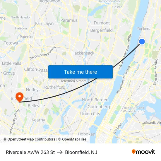 Riverdale Av/W 263 St to Bloomfield, NJ map