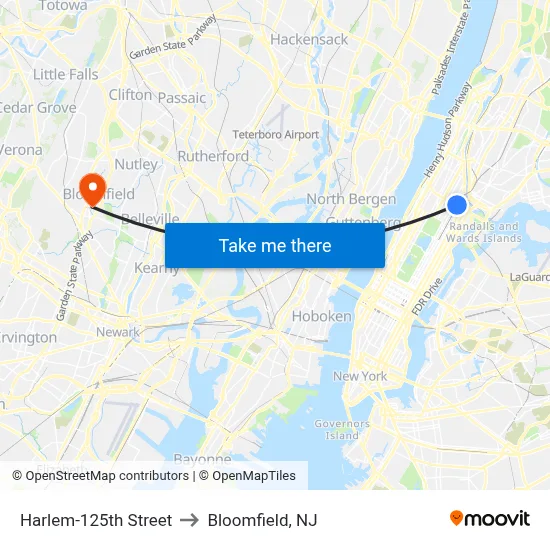 Harlem-125th Street to Bloomfield, NJ map
