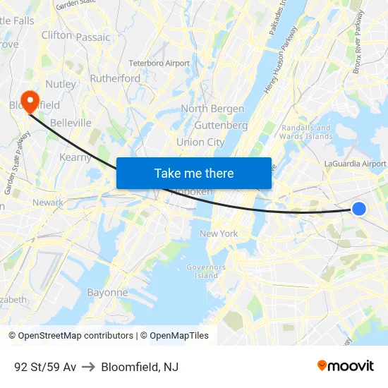 92 St/59 Av to Bloomfield, NJ map