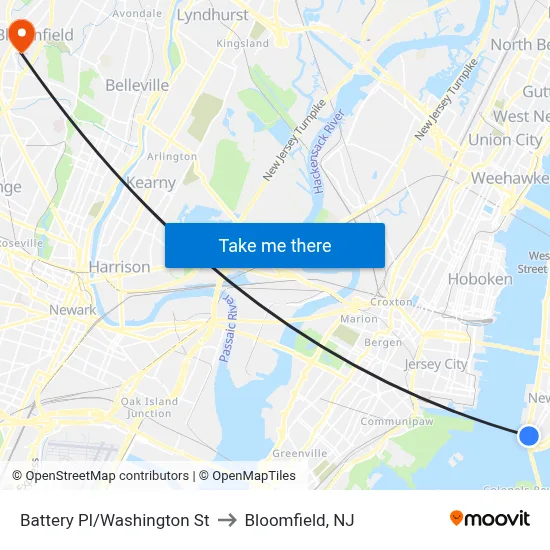 Battery Pl/Washington St to Bloomfield, NJ map