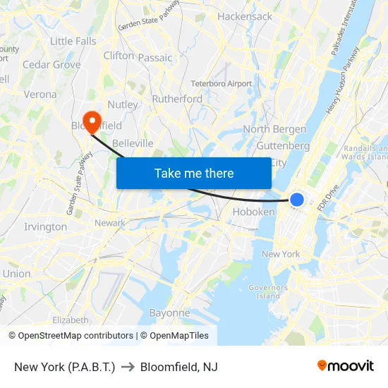 New York (P.A.B.T.) to Bloomfield, NJ map