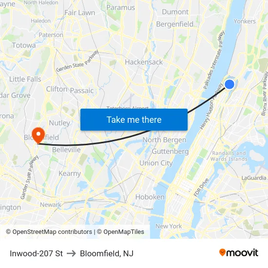 Inwood-207 St to Bloomfield, NJ map