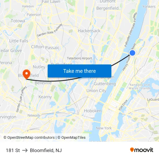 181 St to Bloomfield, NJ map