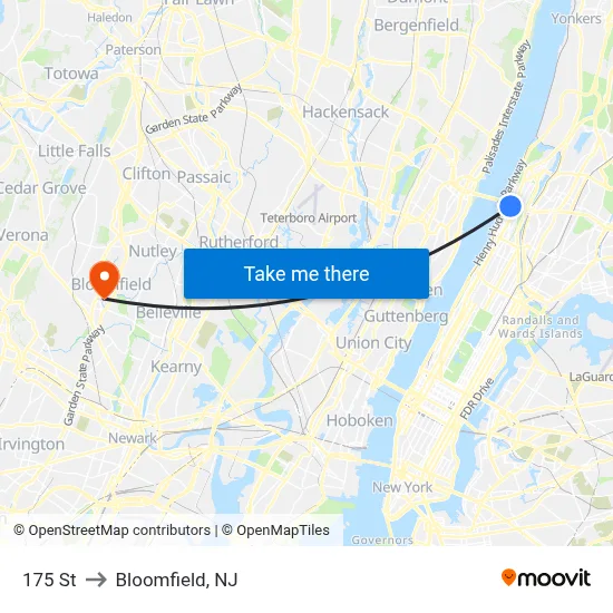 175 St to Bloomfield, NJ map
