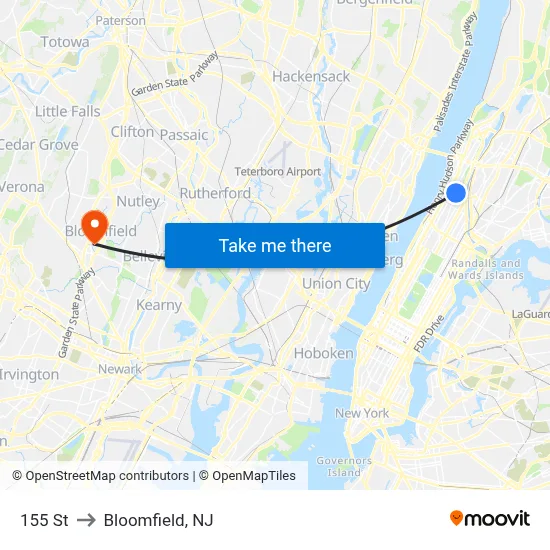 155 St to Bloomfield, NJ map