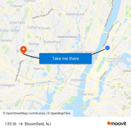 135 St to Bloomfield, NJ map