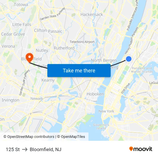 125 St to Bloomfield, NJ map