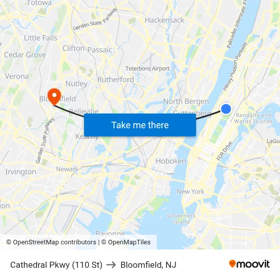 Cathedral Pkwy (110 St) to Bloomfield, NJ map