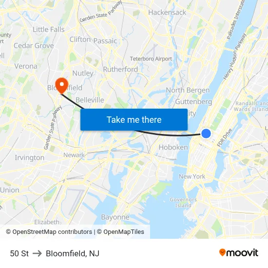 50 St to Bloomfield, NJ map