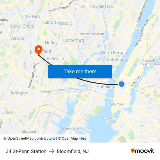 34 St-Penn Station to Bloomfield, NJ map