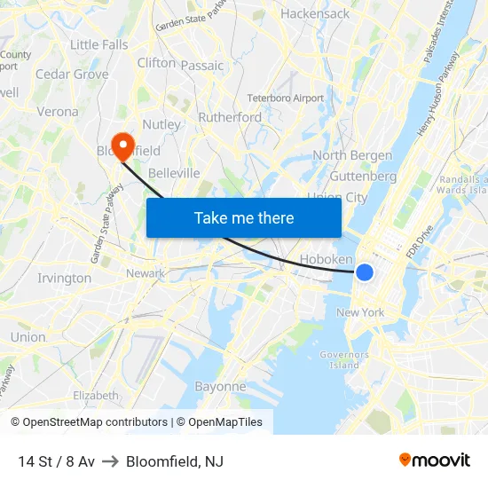 14 St / 8 Av to Bloomfield, NJ map