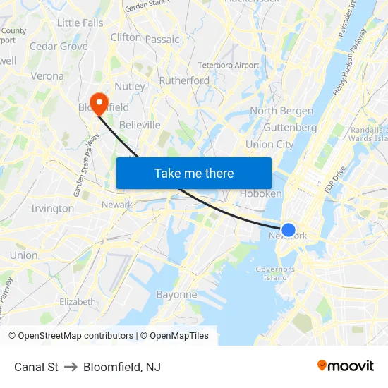 Canal St to Bloomfield, NJ map