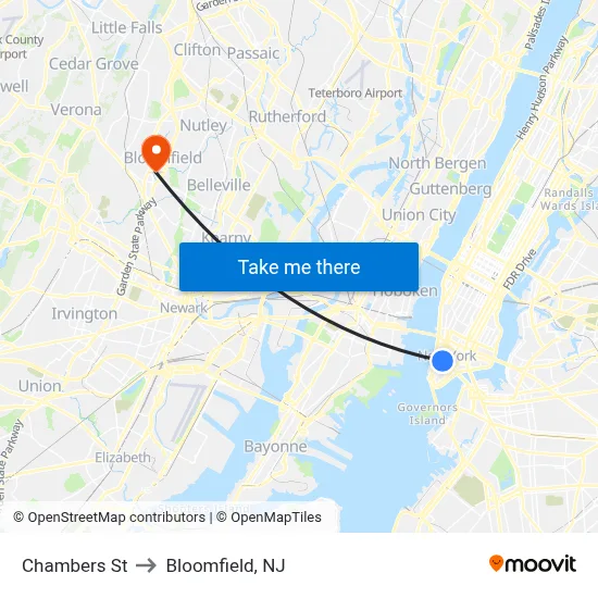 Chambers St to Bloomfield, NJ map
