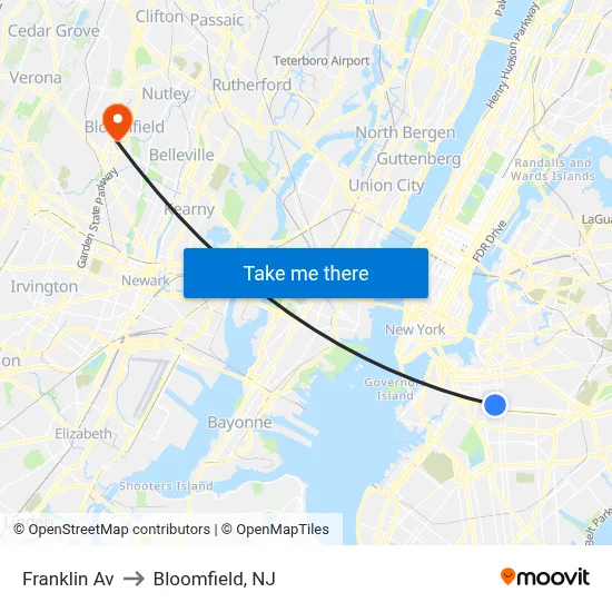 Franklin Av to Bloomfield, NJ map