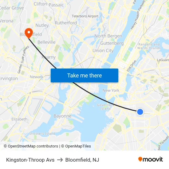 Kingston-Throop Avs to Bloomfield, NJ map