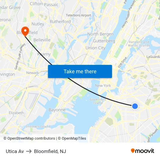 Utica Av to Bloomfield, NJ map