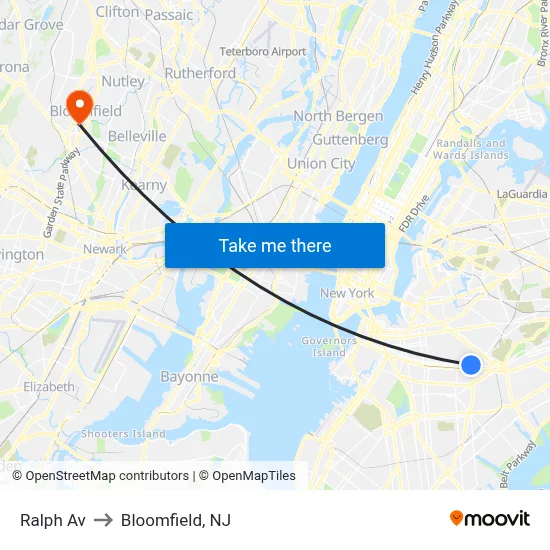 Ralph Av to Bloomfield, NJ map