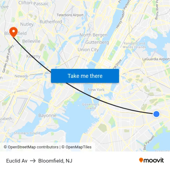 Euclid Av to Bloomfield, NJ map