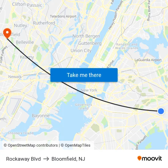 Rockaway Blvd to Bloomfield, NJ map