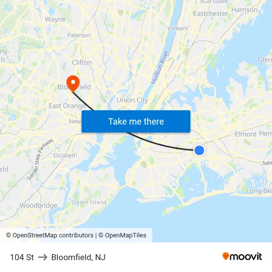 104 St to Bloomfield, NJ map