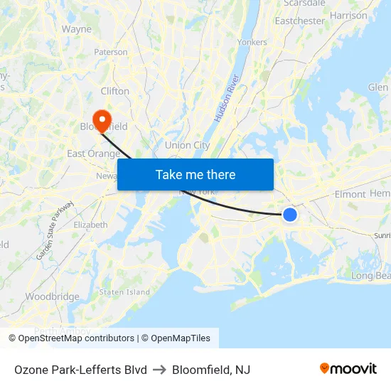 Ozone Park-Lefferts Blvd to Bloomfield, NJ map