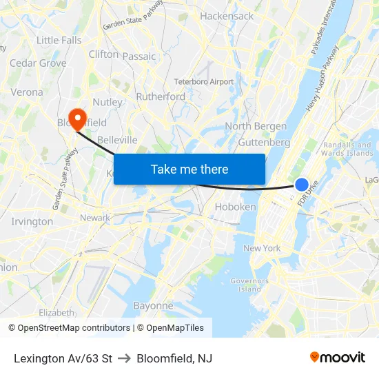 Lexington Av/63 St to Bloomfield, NJ map