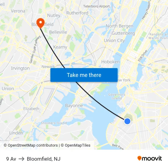 9 Av to Bloomfield, NJ map