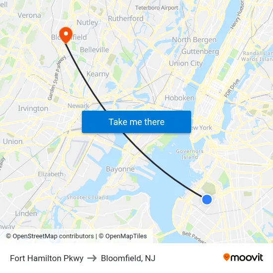 Fort Hamilton Pkwy to Bloomfield, NJ map
