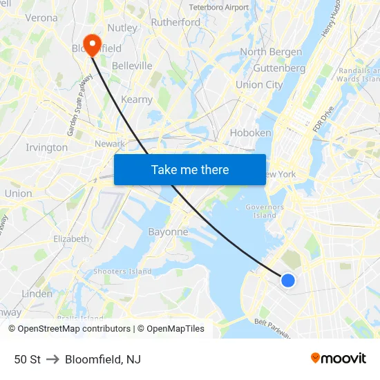 50 St to Bloomfield, NJ map