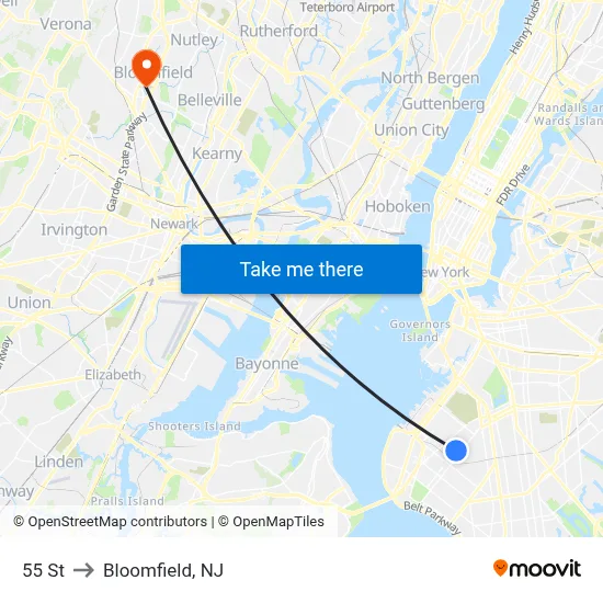 55 St to Bloomfield, NJ map
