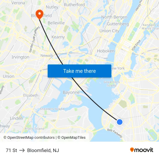 71 St to Bloomfield, NJ map