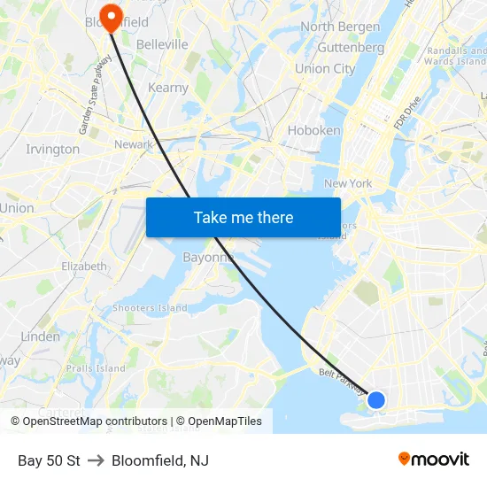 Bay 50 St to Bloomfield, NJ map