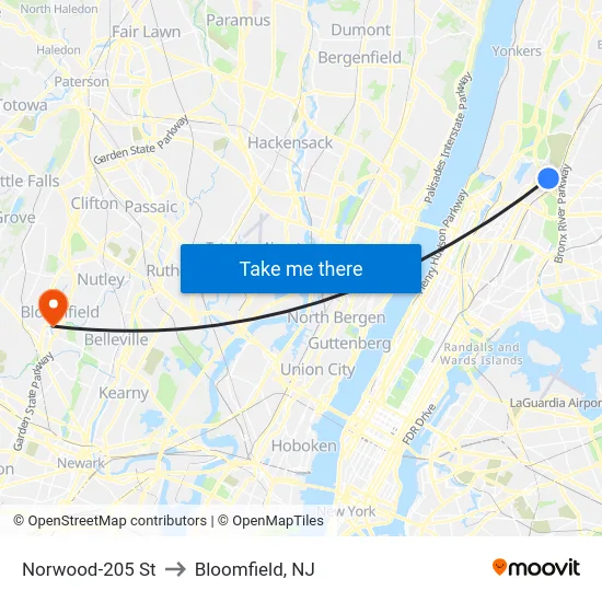 Norwood-205 St to Bloomfield, NJ map