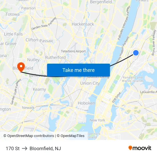 170 St to Bloomfield, NJ map