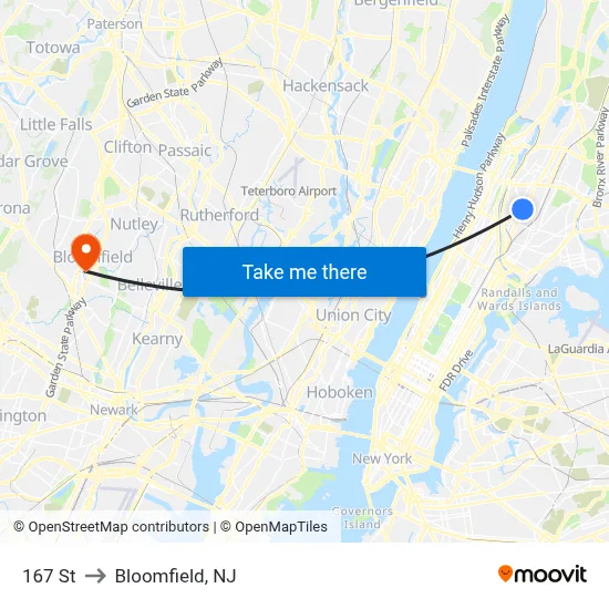 167 St to Bloomfield, NJ map