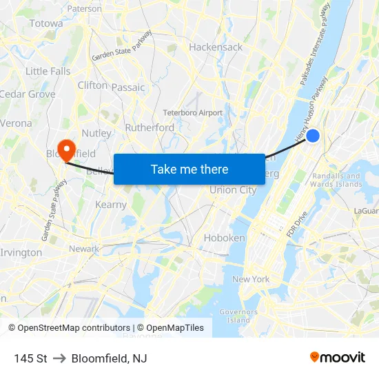 145 St to Bloomfield, NJ map