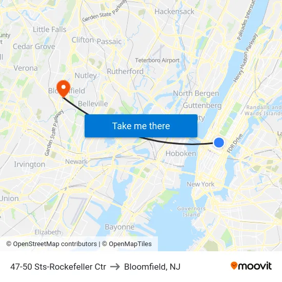 47-50 Sts-Rockefeller Ctr to Bloomfield, NJ map