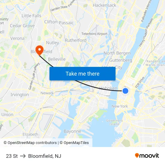23 St to Bloomfield, NJ map