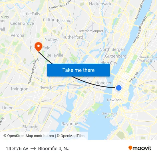 14 St/6 Av to Bloomfield, NJ map