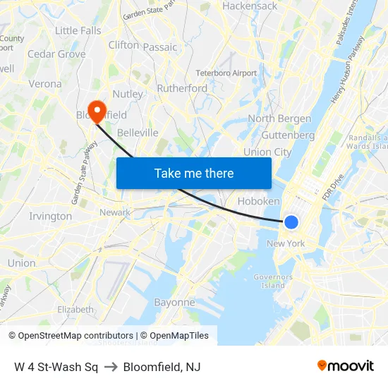 W 4 St-Wash Sq to Bloomfield, NJ map