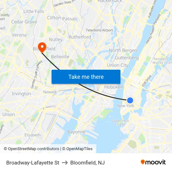Broadway-Lafayette St to Bloomfield, NJ map