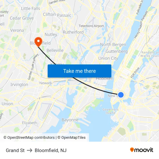 Grand St to Bloomfield, NJ map